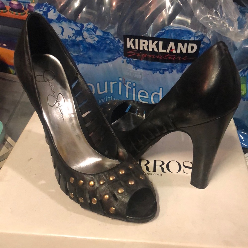 Jessica Simpson black heels with gold studs size 8